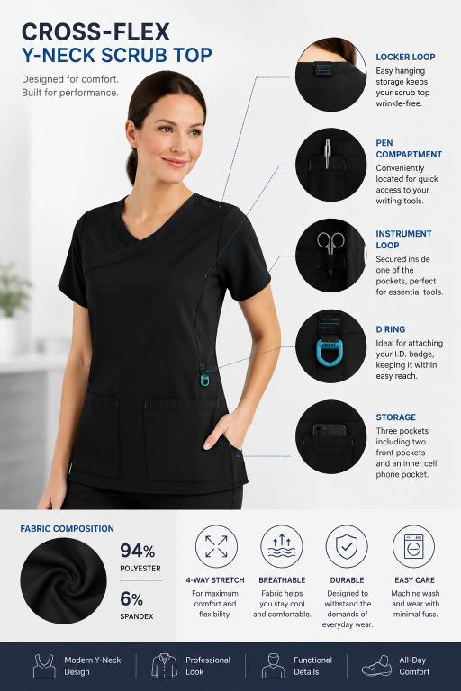 3 Pocket Cross-Flex Y-Neck Scrub Top - A210 Smart Uniform Cross-Flex Y-Neck Scrub Top