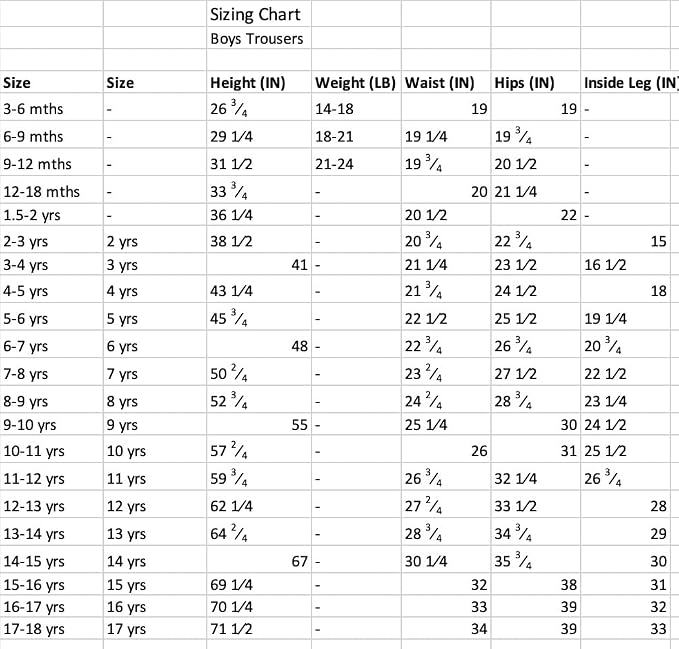 size guide -school trouser size guide -school trouser